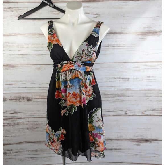 Forever 21 Japanese Garden Print Flower V Neck Mini Dress Sz Small - Picture 1 of 9